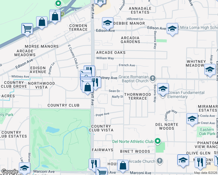 map of restaurants, bars, coffee shops, grocery stores, and more near 3411 Coleen Court in Sacramento
