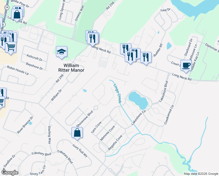 map of restaurants, bars, coffee shops, grocery stores, and more near 26271 Timbercreek Lane in Millsboro