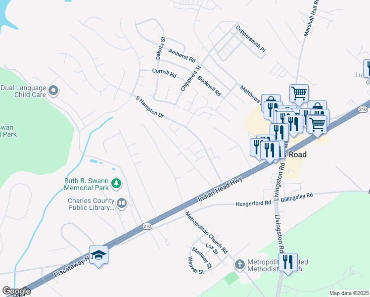 map of restaurants, bars, coffee shops, grocery stores, and more near 6360 South Lake Court in Bryans Road