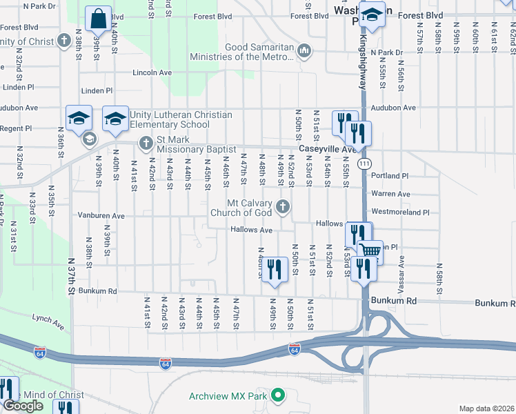 map of restaurants, bars, coffee shops, grocery stores, and more near 1446 North 48th Street in East St. Louis