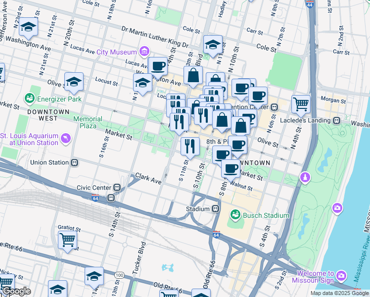 map of restaurants, bars, coffee shops, grocery stores, and more near 10 North Tucker Boulevard in St. Louis