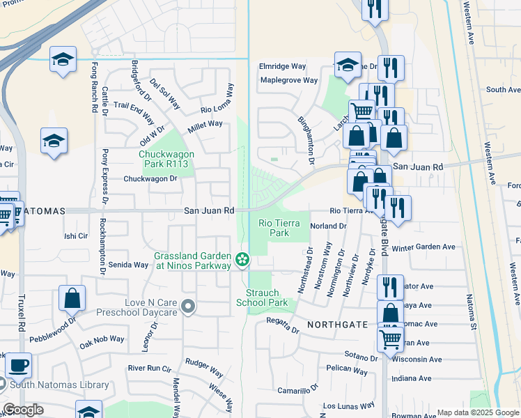 map of restaurants, bars, coffee shops, grocery stores, and more near 925 San Juan Road in Sacramento