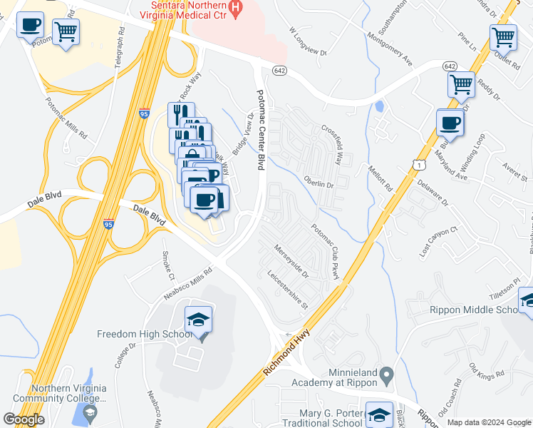 map of restaurants, bars, coffee shops, grocery stores, and more near 2716 Sheffield Hill Way in Woodbridge