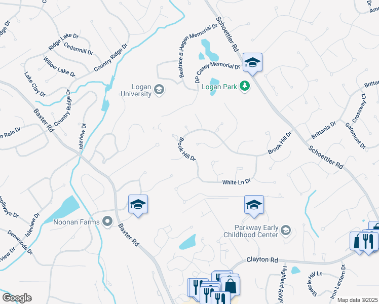 map of restaurants, bars, coffee shops, grocery stores, and more near 2134 Brook Hill Ridge Drive in Chesterfield