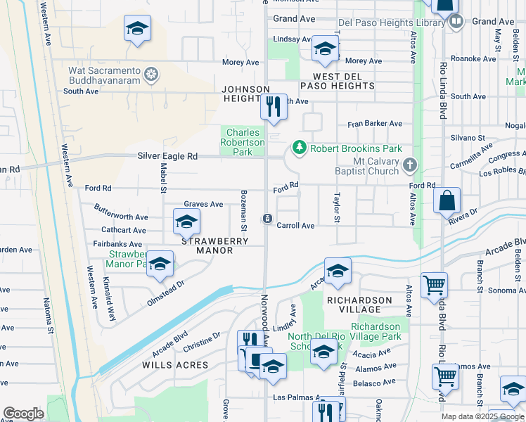 map of restaurants, bars, coffee shops, grocery stores, and more near 3345 Tierra Nuevo Way in Sacramento