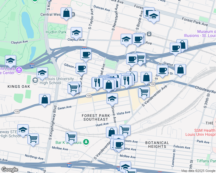 map of restaurants, bars, coffee shops, grocery stores, and more near 4251 Arco Avenue in St. Louis