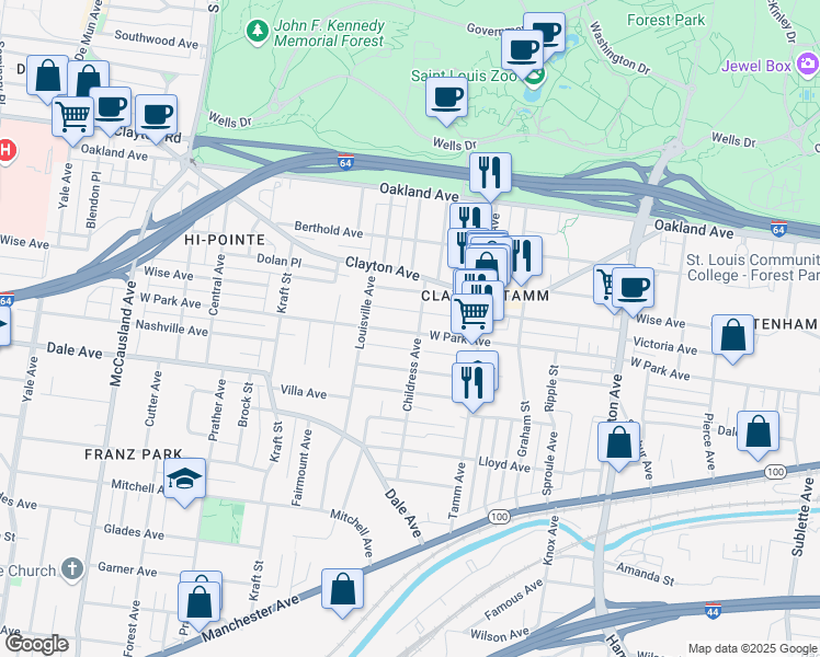 map of restaurants, bars, coffee shops, grocery stores, and more near 1223 Childress Avenue in St. Louis