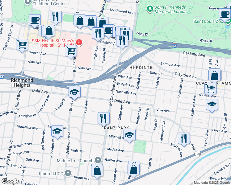 map of restaurants, bars, coffee shops, grocery stores, and more near 6937 Nashville Avenue in St. Louis