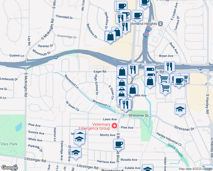 map of restaurants, bars, coffee shops, grocery stores, and more near 1441 Bluebird Terrace in St. Louis