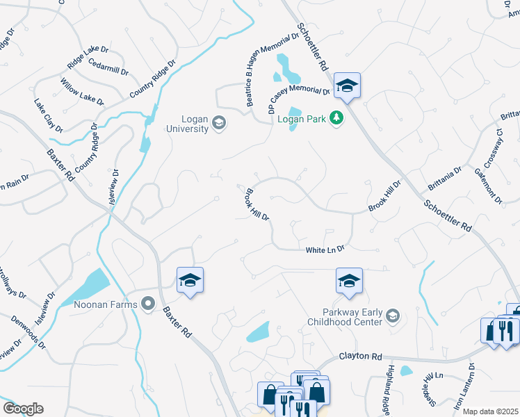 map of restaurants, bars, coffee shops, grocery stores, and more near 2134 Brook Hill Ridge Drive in Chesterfield