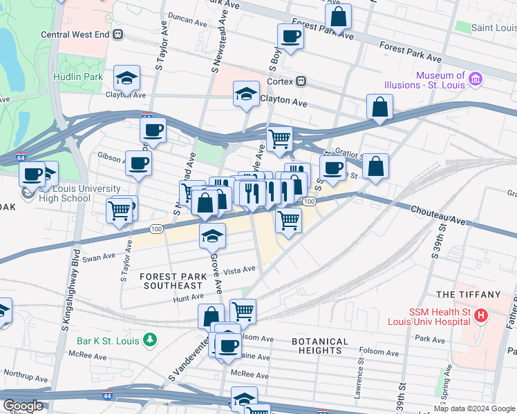 map of restaurants, bars, coffee shops, grocery stores, and more near in St. Louis