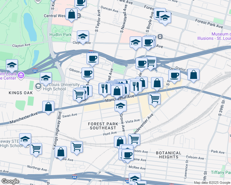 map of restaurants, bars, coffee shops, grocery stores, and more near 4314 Arco Avenue in St. Louis