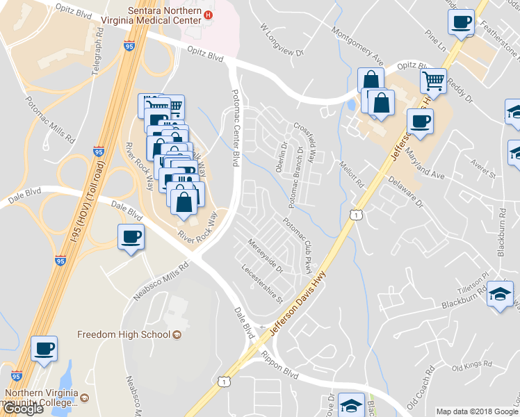 map of restaurants, bars, coffee shops, grocery stores, and more near 2486 Eastbourne Drive in Woodbridge