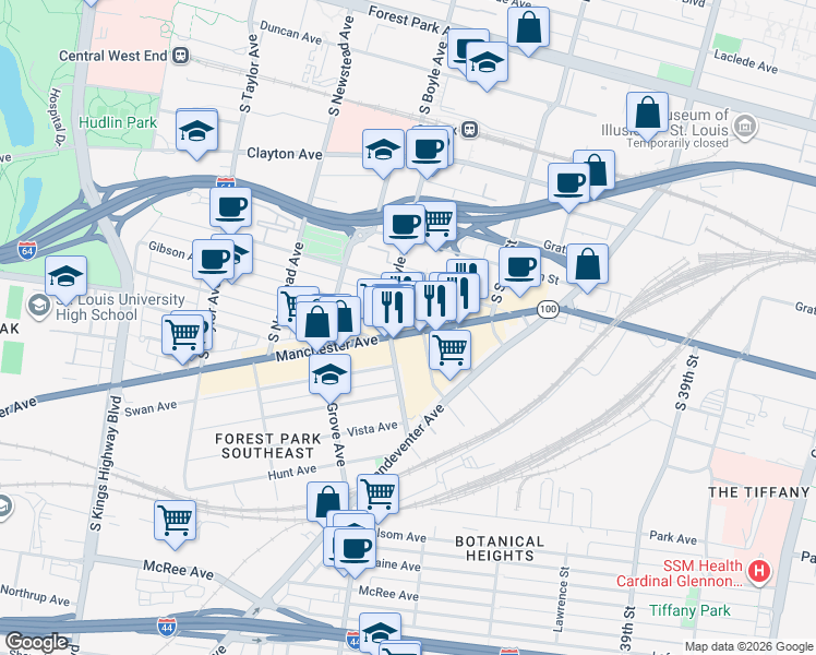 map of restaurants, bars, coffee shops, grocery stores, and more near in St. Louis