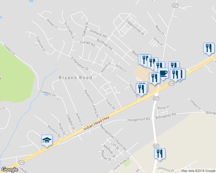 map of restaurants, bars, coffee shops, grocery stores, and more near 6301 South Lake Court in Bryans Road