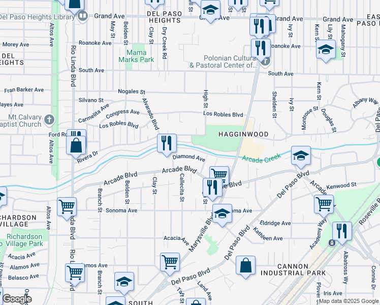map of restaurants, bars, coffee shops, grocery stores, and more near 1301 Diamond Avenue in Sacramento