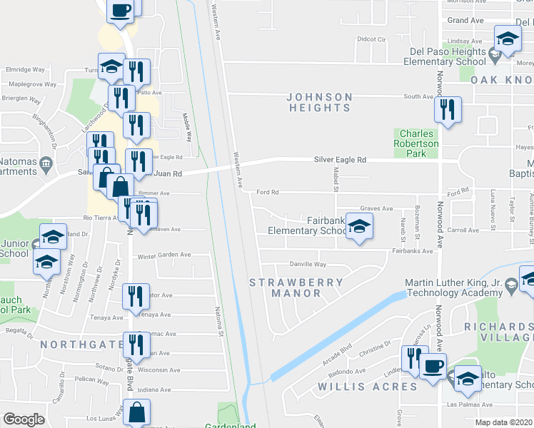 map of restaurants, bars, coffee shops, grocery stores, and more near 62 Butterworth Avenue in Sacramento