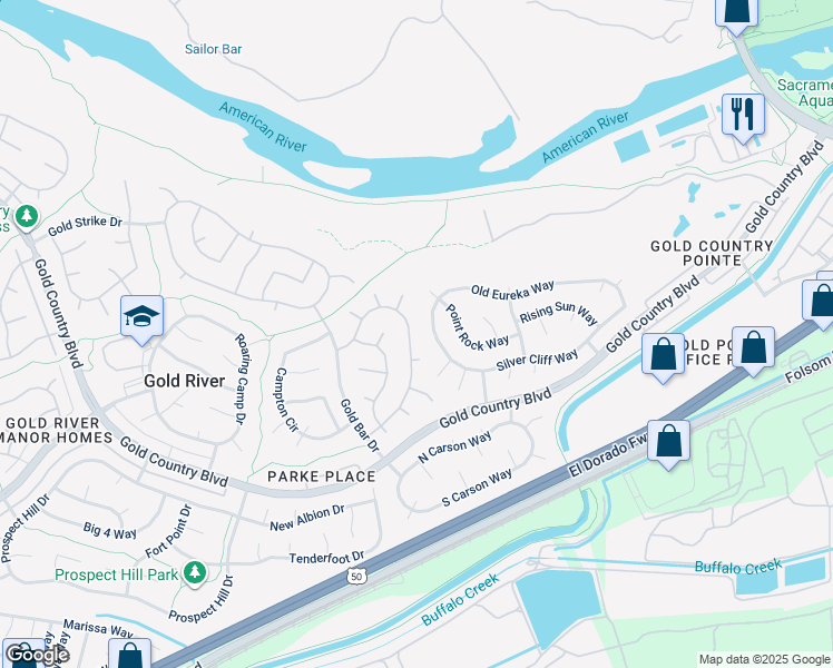 map of restaurants, bars, coffee shops, grocery stores, and more near 11741 Old Eureka Way in Gold River