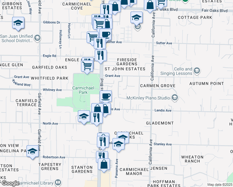 map of restaurants, bars, coffee shops, grocery stores, and more near 3505 Grant Park Drive in Carmichael