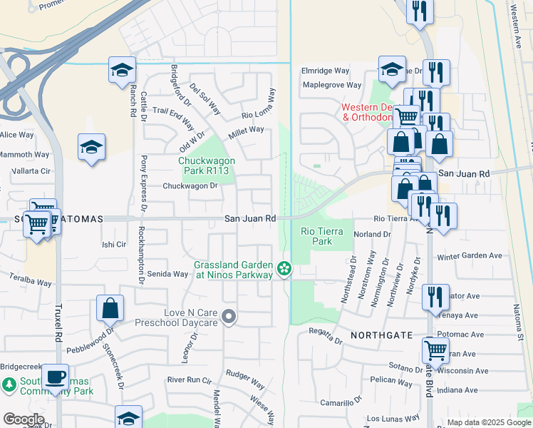 map of restaurants, bars, coffee shops, grocery stores, and more near 3304 Zenobia Way in Sacramento