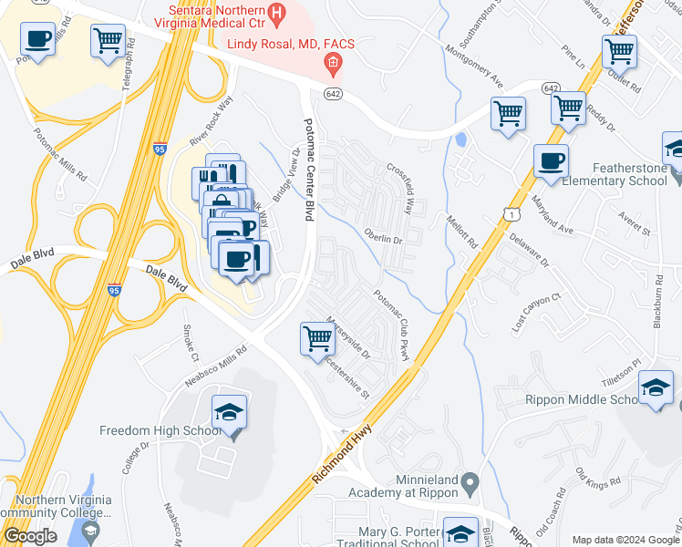 map of restaurants, bars, coffee shops, grocery stores, and more near 2492 Eastbourne Drive in Woodbridge