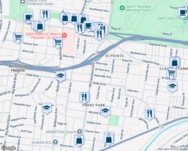 map of restaurants, bars, coffee shops, grocery stores, and more near 6937 Nashville Avenue in St. Louis