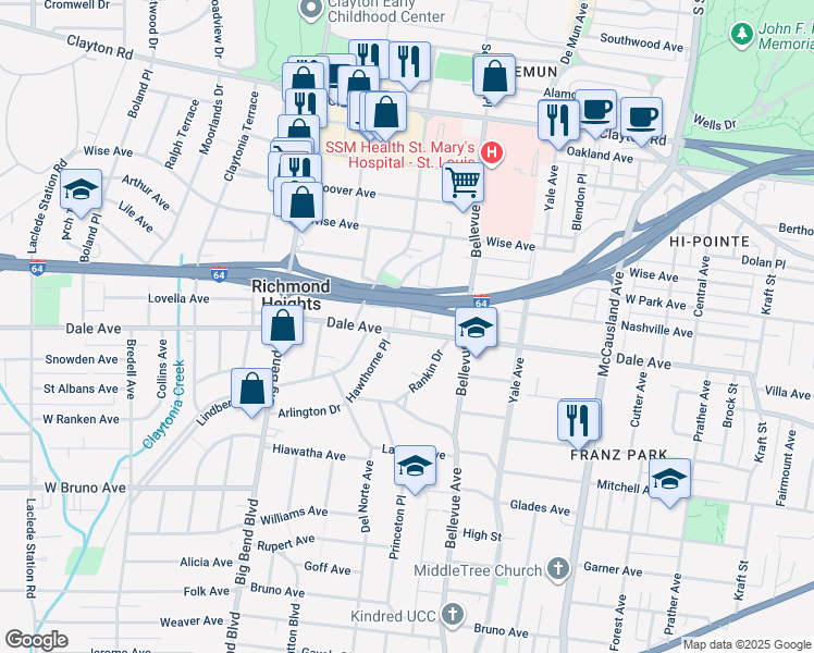 map of restaurants, bars, coffee shops, grocery stores, and more near 1332 Hawthorne Place in St. Louis