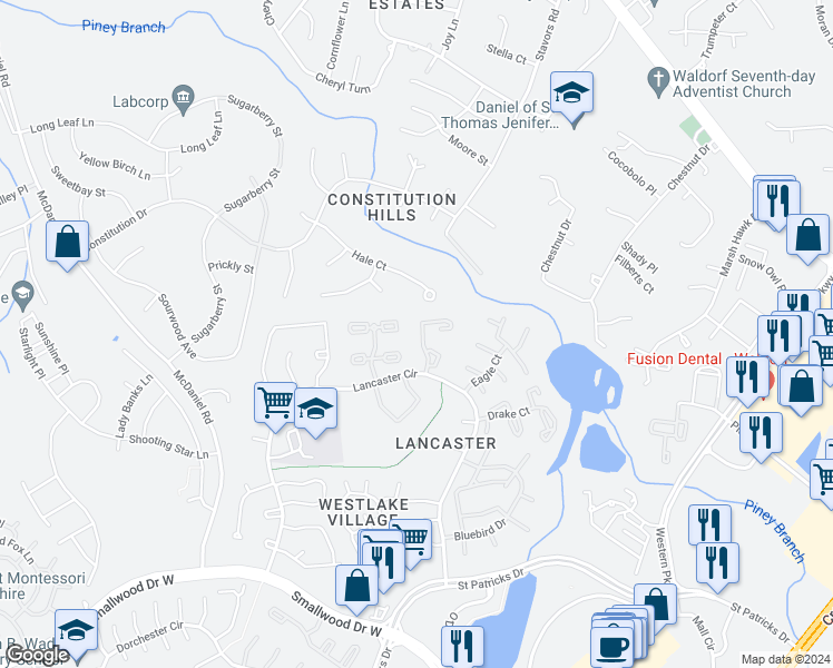 map of restaurants, bars, coffee shops, grocery stores, and more near 4531 Grouse Place in Waldorf