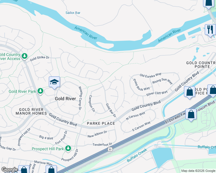 map of restaurants, bars, coffee shops, grocery stores, and more near 11750 Quail Bar Court in Gold River