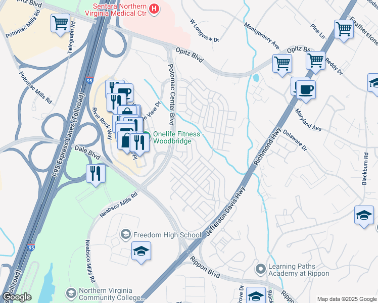 map of restaurants, bars, coffee shops, grocery stores, and more near 2492 Eastbourne Drive in Woodbridge