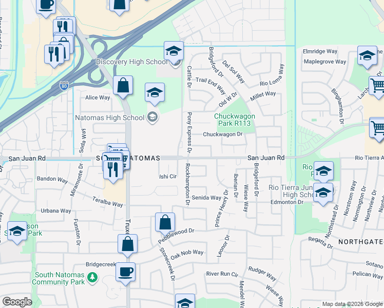 map of restaurants, bars, coffee shops, grocery stores, and more near 1390 Tumbleweed Way in Sacramento