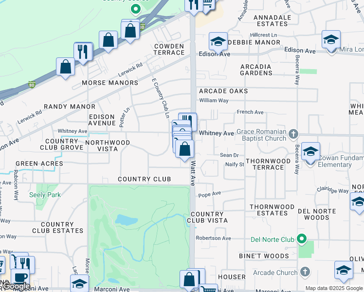 map of restaurants, bars, coffee shops, grocery stores, and more near 3430 East Country Club Lane in Sacramento