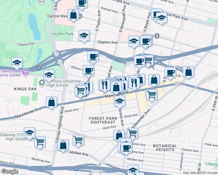 map of restaurants, bars, coffee shops, grocery stores, and more near 4335 Arco Avenue in St. Louis