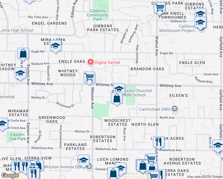 map of restaurants, bars, coffee shops, grocery stores, and more near 4754 Whitney Avenue in Carmichael