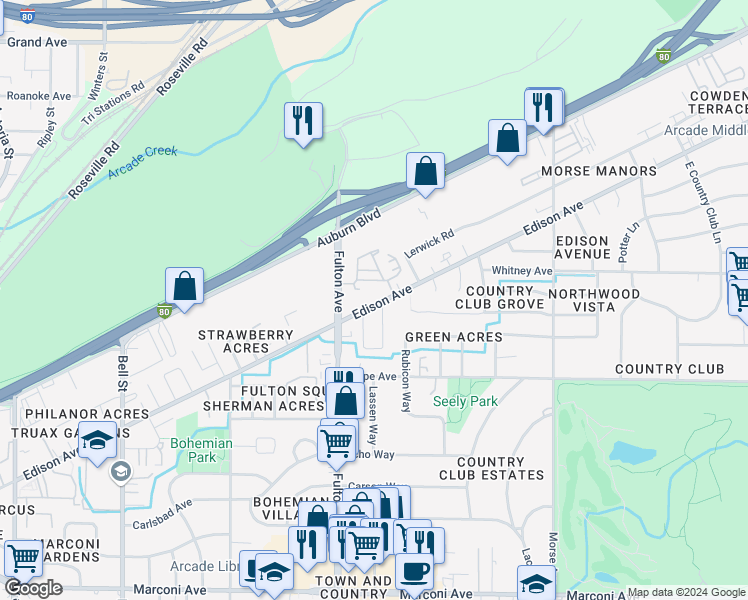 map of restaurants, bars, coffee shops, grocery stores, and more near 2631 Edison Avenue in Sacramento