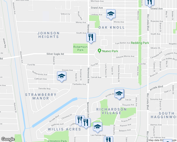 map of restaurants, bars, coffee shops, grocery stores, and more near 3345 Tierra Nuevo Way in Sacramento