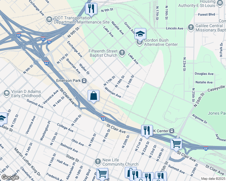map of restaurants, bars, coffee shops, grocery stores, and more near 1701 Weiman Avenue in East St. Louis