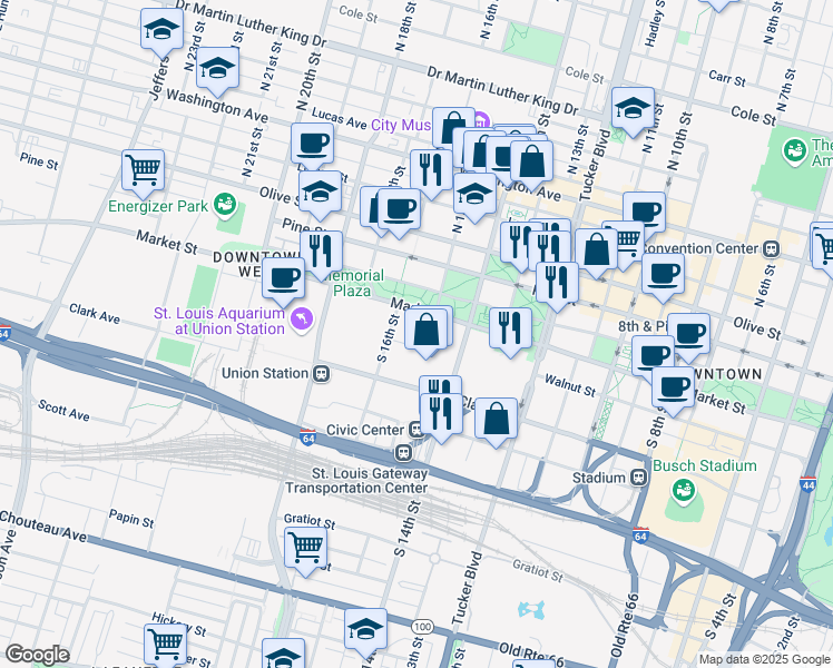map of restaurants, bars, coffee shops, grocery stores, and more near 1520 Market Street in St. Louis