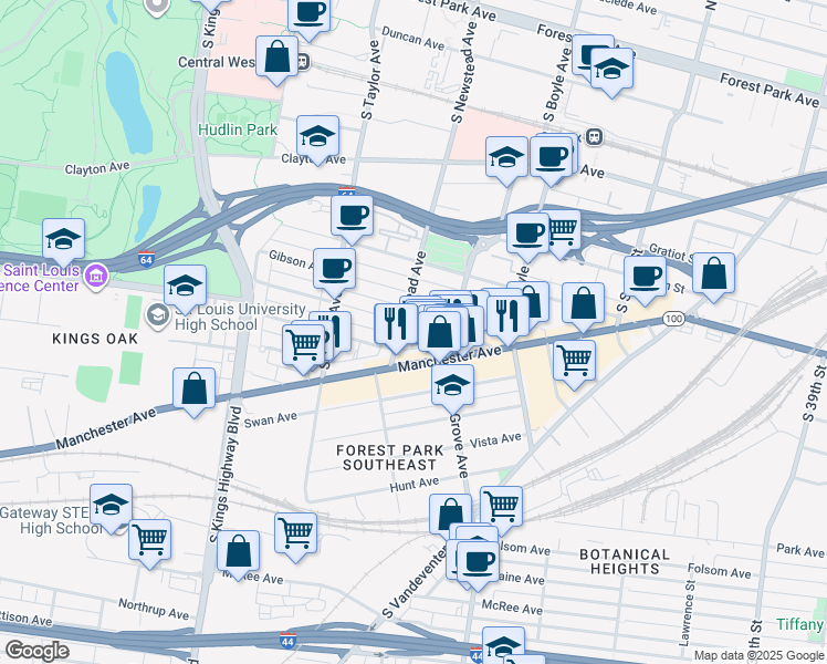 map of restaurants, bars, coffee shops, grocery stores, and more near 4335 Arco Avenue in St. Louis