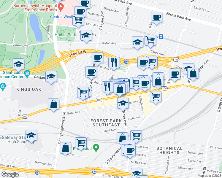map of restaurants, bars, coffee shops, grocery stores, and more near 4335 Arco Avenue in St. Louis