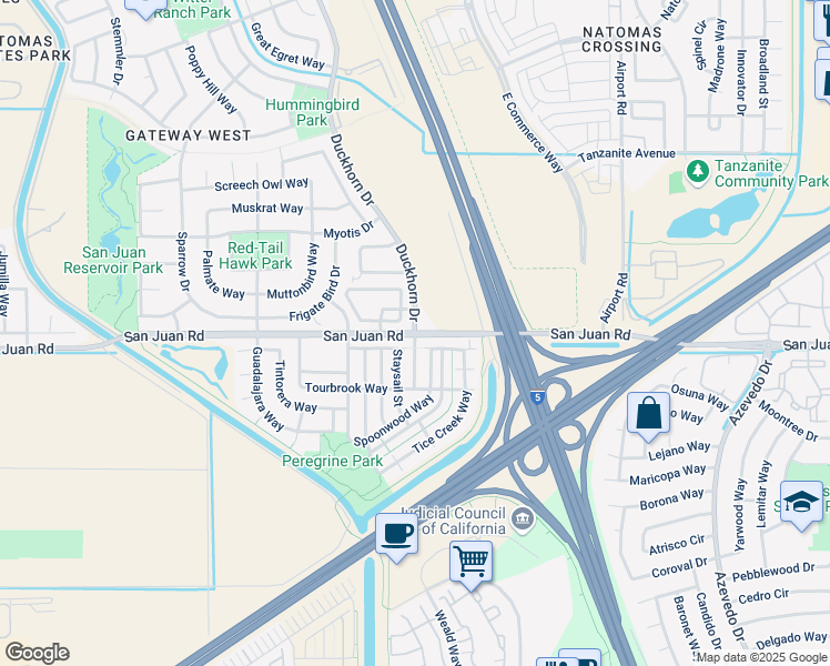 map of restaurants, bars, coffee shops, grocery stores, and more near San Juan Road & Duckhorn Drive in Sacramento
