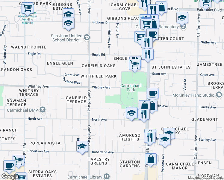 map of restaurants, bars, coffee shops, grocery stores, and more near 5624 Whitney Avenue in Carmichael