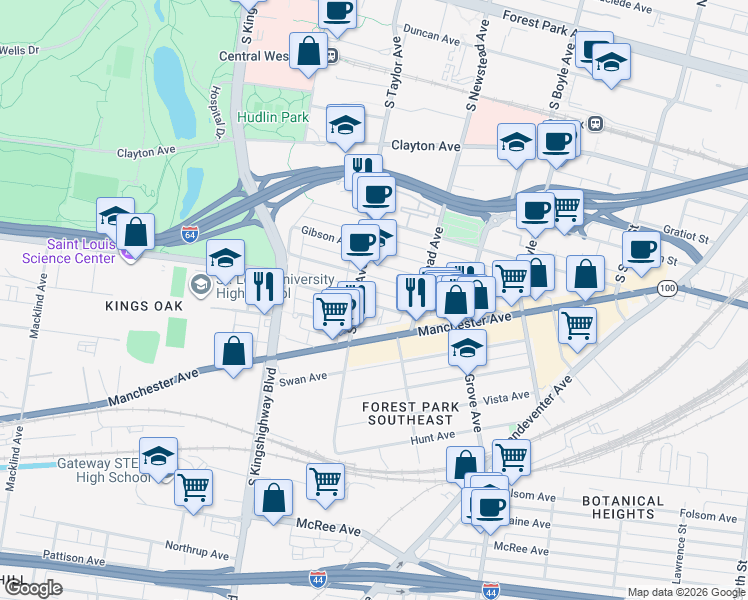 map of restaurants, bars, coffee shops, grocery stores, and more near 4451 Oakland Avenue in St. Louis