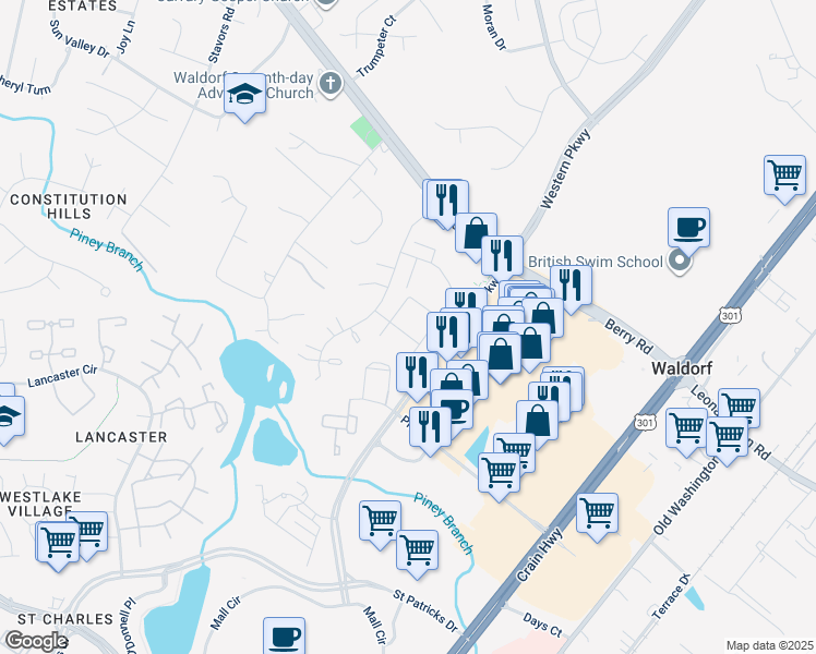 map of restaurants, bars, coffee shops, grocery stores, and more near 11303 Golden Eagle Place in Waldorf
