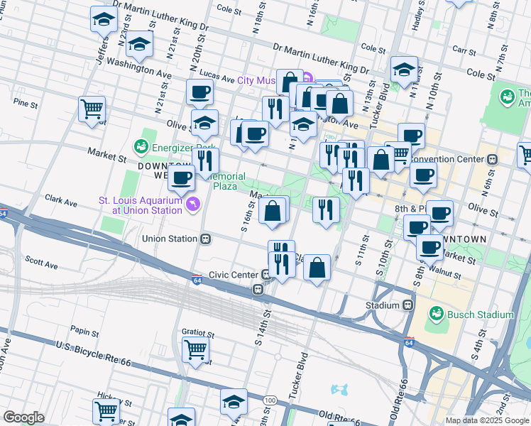 map of restaurants, bars, coffee shops, grocery stores, and more near 1520 Market Street in St. Louis