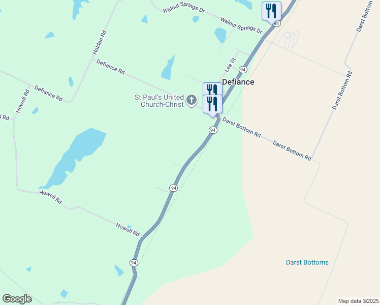 map of restaurants, bars, coffee shops, grocery stores, and more near 3087 South Missouri 94 in Defiance