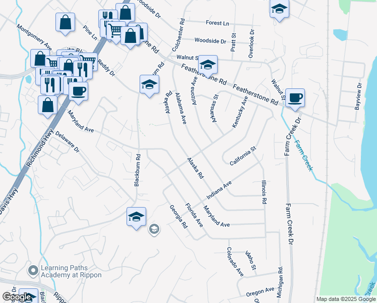 map of restaurants, bars, coffee shops, grocery stores, and more near 14997 Alaska Road in Woodbridge