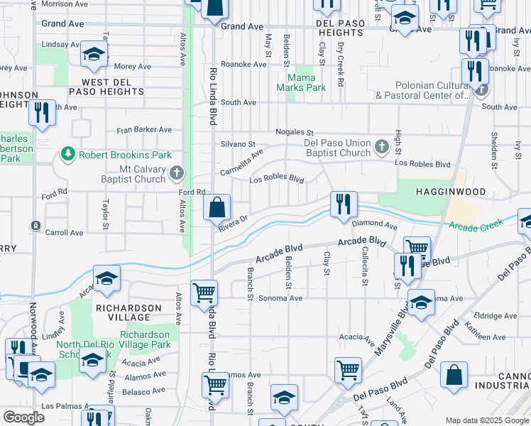 map of restaurants, bars, coffee shops, grocery stores, and more near 1022 Rivera Drive in Sacramento