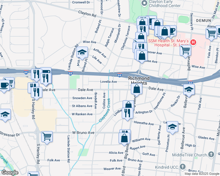 map of restaurants, bars, coffee shops, grocery stores, and more near 7611 Dale Avenue in St. Louis