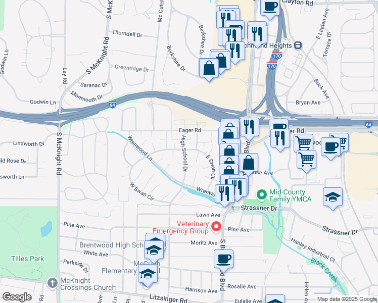 map of restaurants, bars, coffee shops, grocery stores, and more near 8920 North Swan Circle in Brentwood